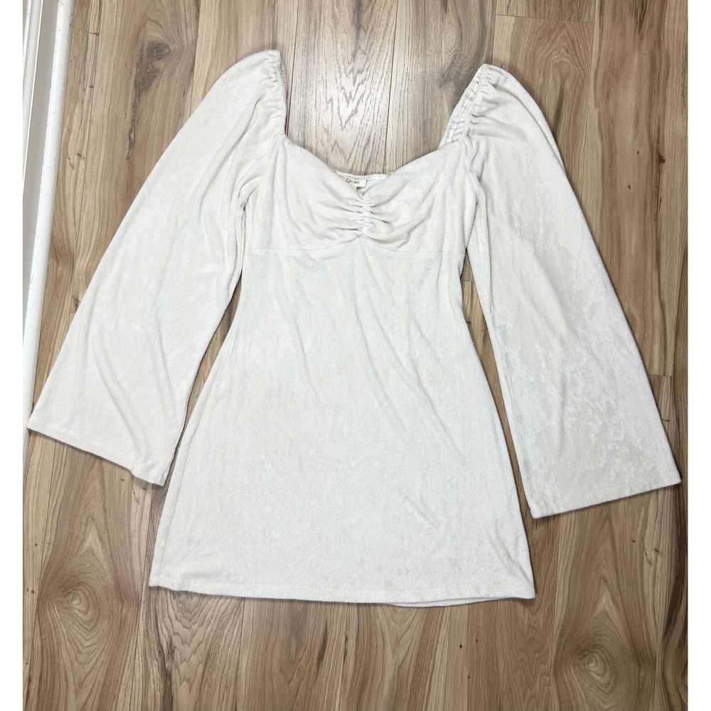 Velour Ruched Bust Bell Sleeve Mini Dress‎ Large Cream Holiday Party Romantic